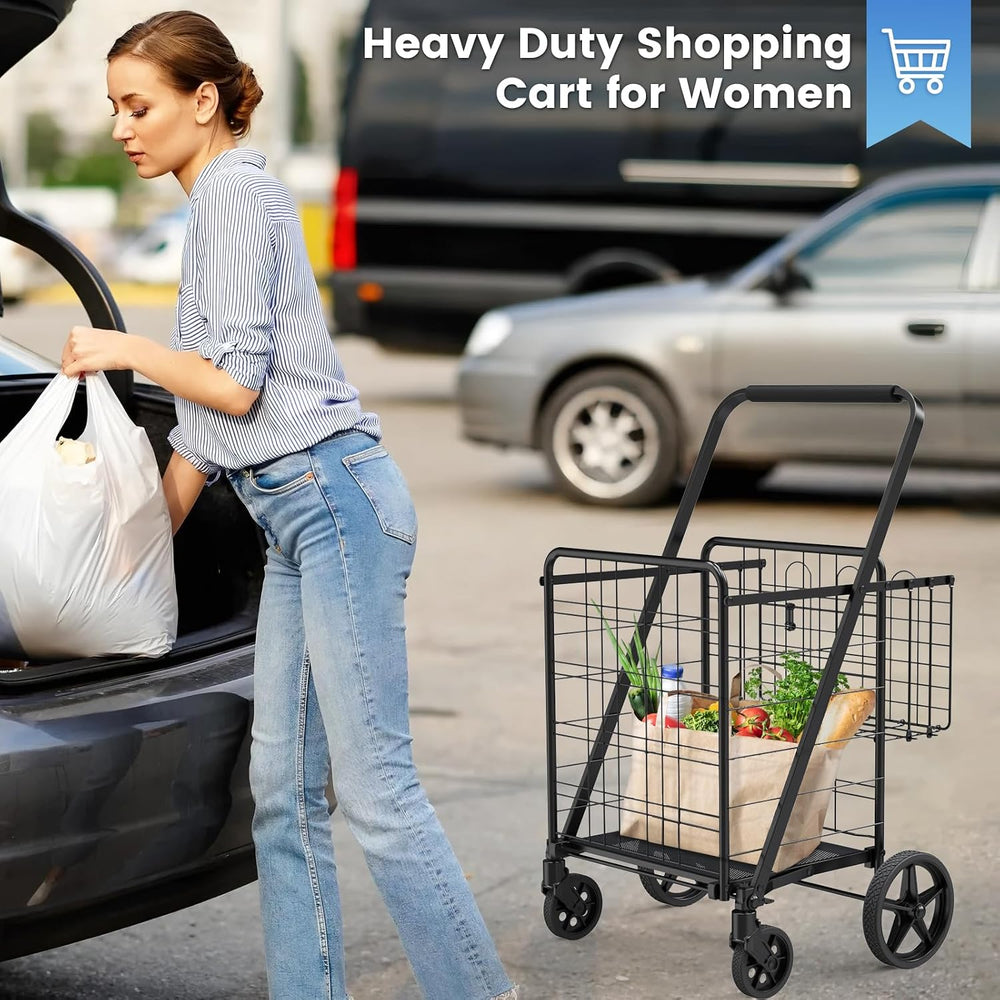 Folding Shopping Cart with Waterproof Bag, Double Basket Grocery Cart