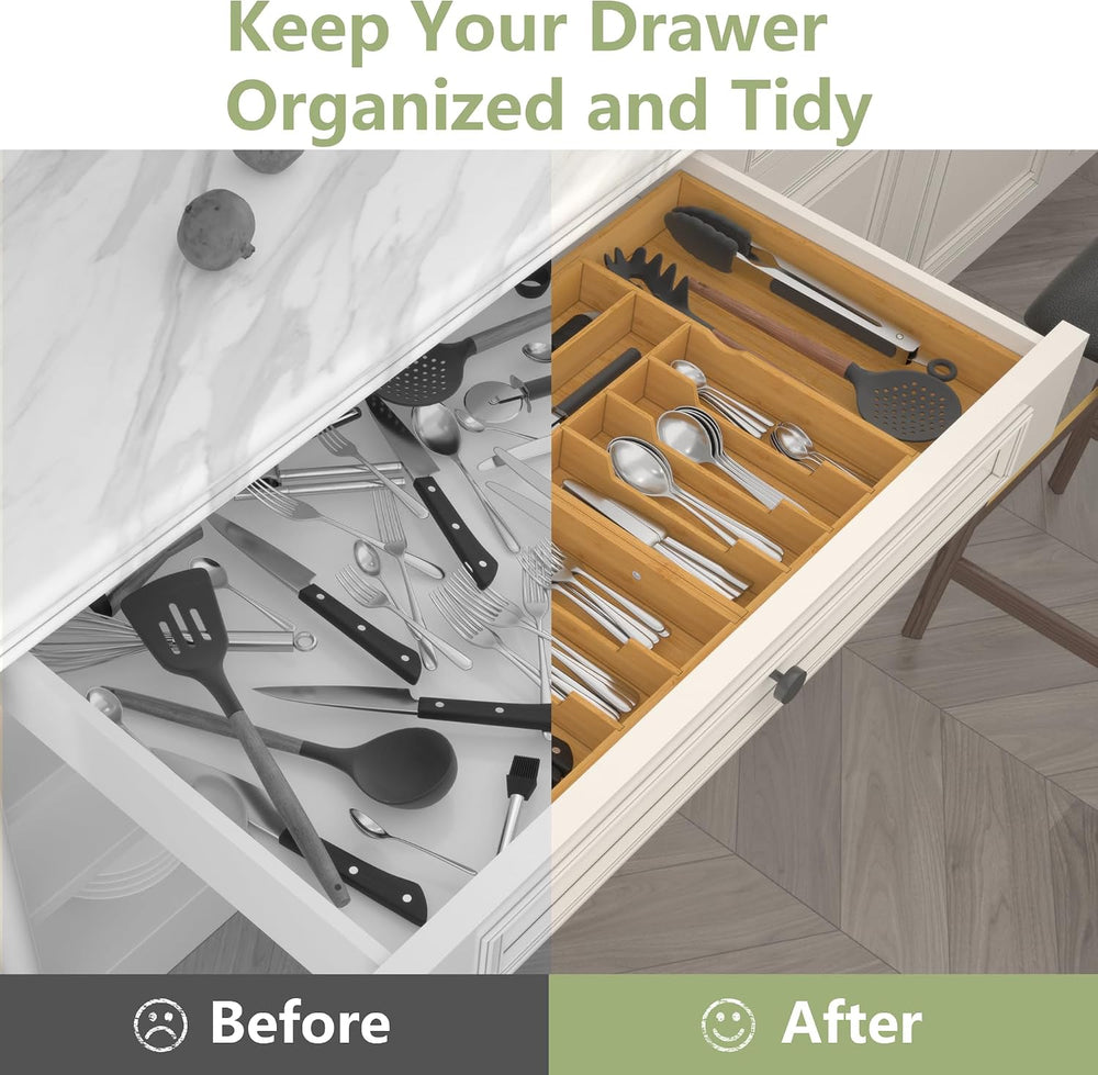 Suli Extra Large Silverware Drawer Organizer,Expandable 22in to 37in,Bamboo