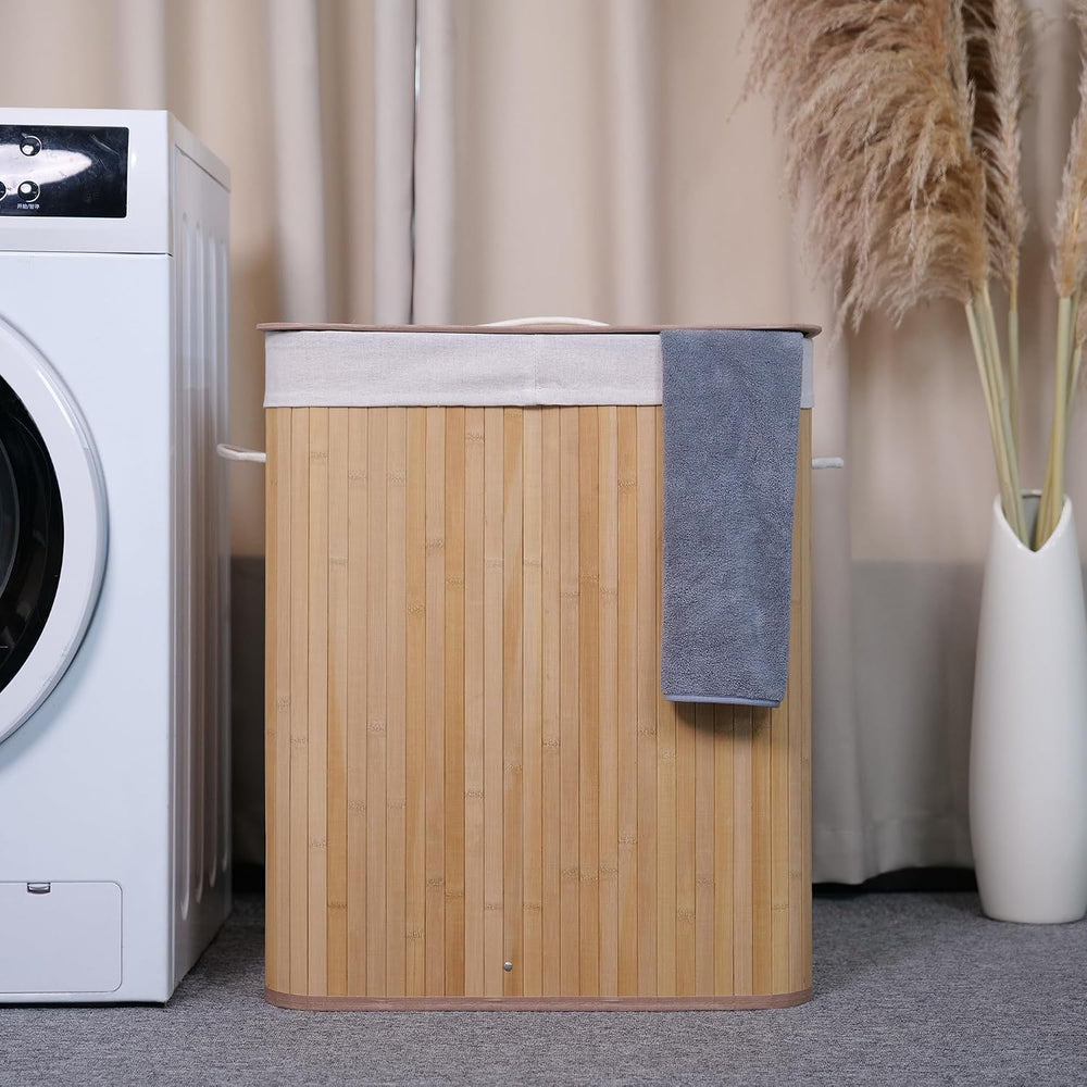 Slim Bamboo Laundry Hamper with Lid, 106L Large Collapsible Wooden Clothes Ba...