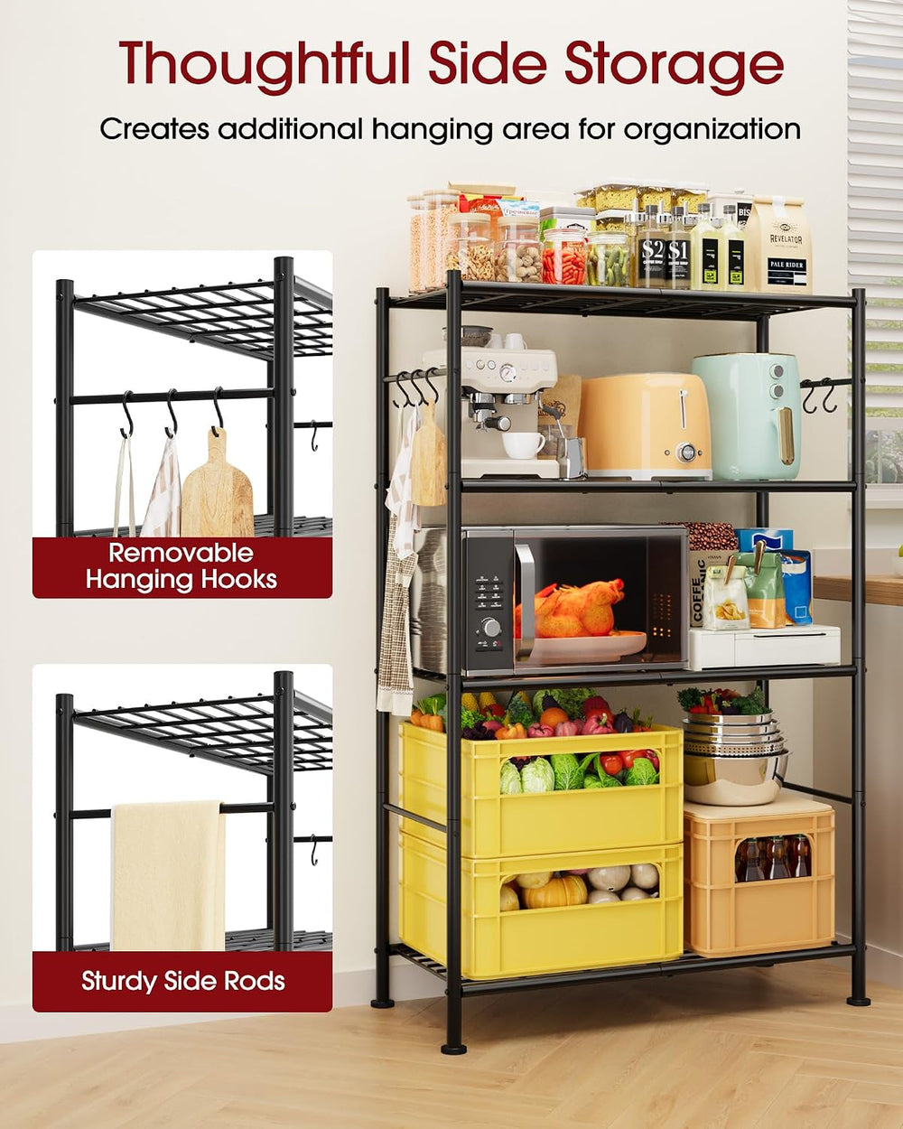 Sakugi 4-Tier Storage Shelves with 6 Hooks, 33.2" x 12.7" x 57.3&qu...