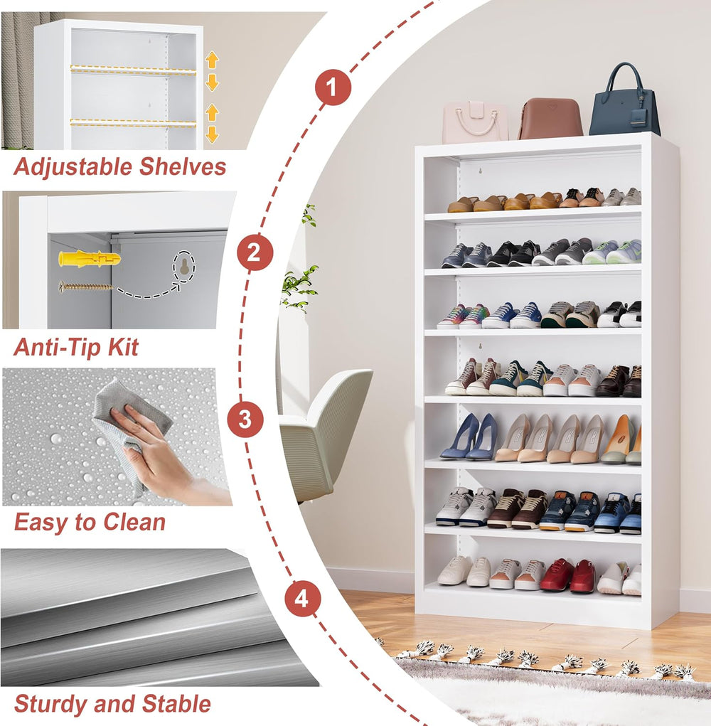 Tall Shoe Cabinet, 7 Tiers 30-35 Pairs Heavy Duty Metal Freestanding Shoe Rac...