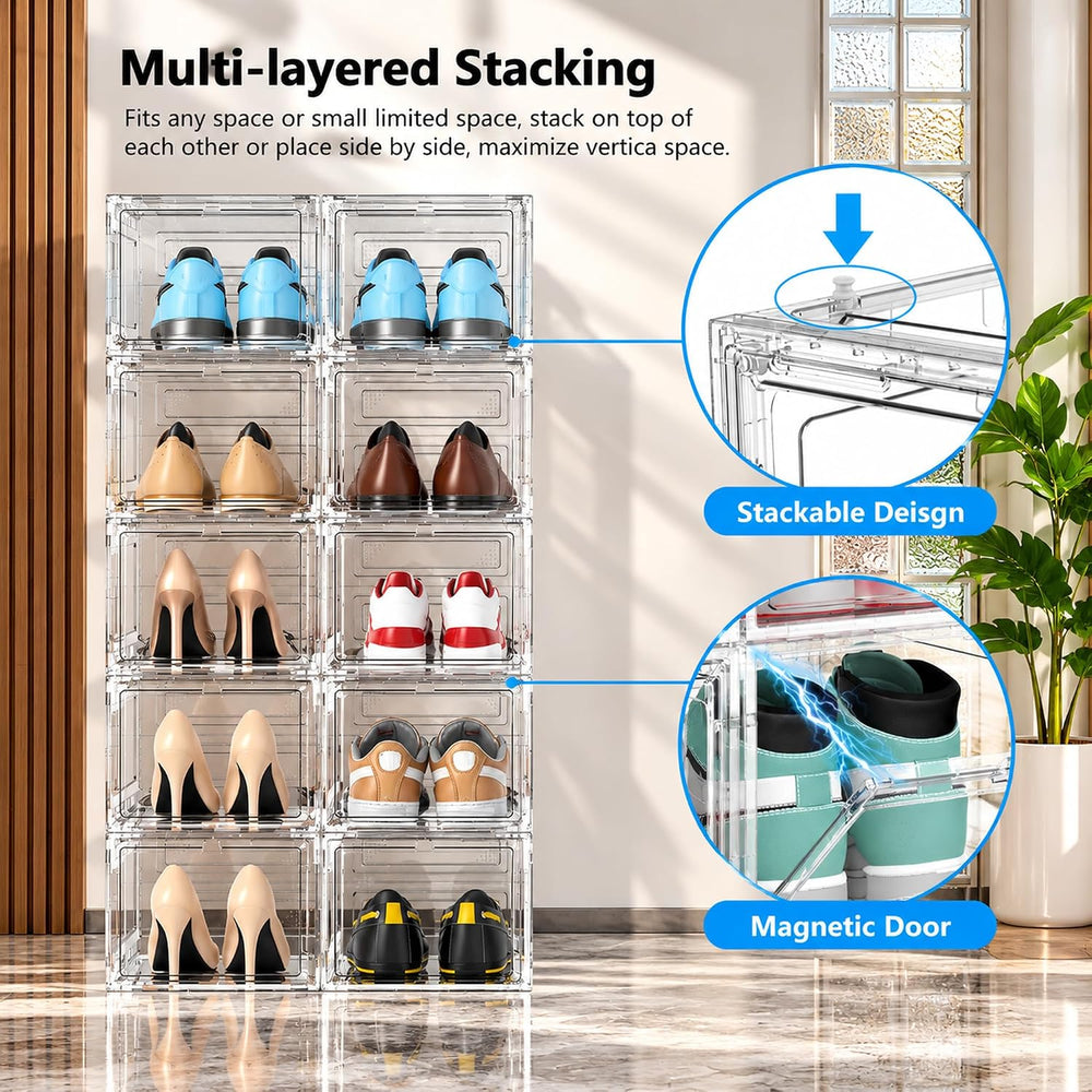 12 Pack Hard Plastic Stackable Clear Shoe Storage Boxes, White