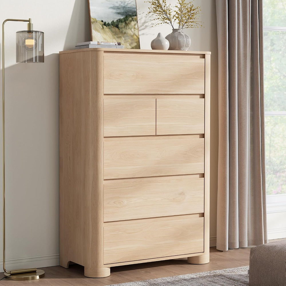 YANSNWO Natural 6 Drawer Dresser for Bedroom, 48" Tall Chest of Drawers