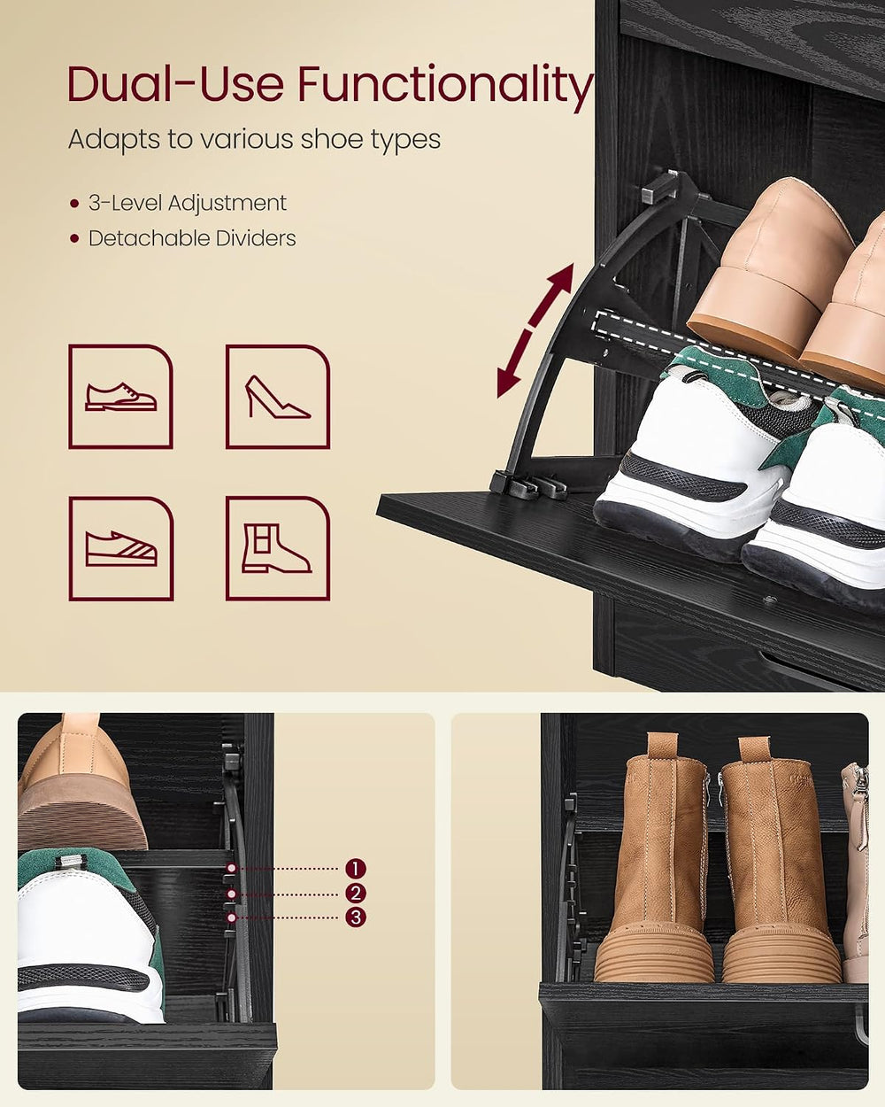 VASAGLE Shoe Cabinet with 4 Flip Doors, for 16-28 Pairs of Shoes