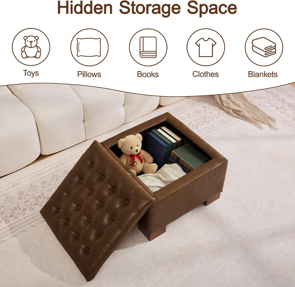 WUTUTUEE 24" Faux Leather Square Storage Ottoman with Wooden Tray, Moder...
