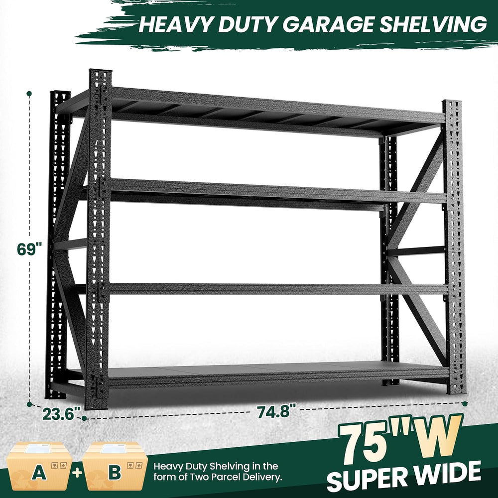 Heavy Duty Garage Storage Shelves 9000LBS Capacity, 75" Wide Metal Shelv...