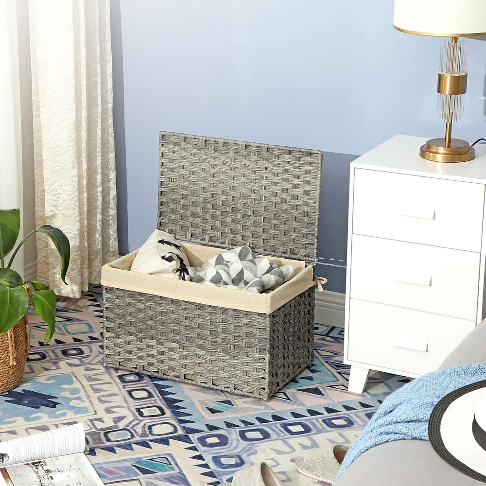 SONGMICS Woven Storage Basket with Lid, 17.2 Gallon (65L), Foldable