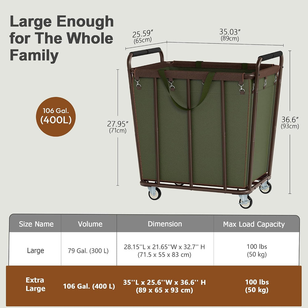 Hoctieon Large Laundry Cart with Wheels, 400L Heavy Duty Laundry Basket Organ...