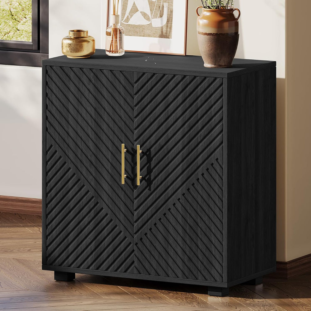 63" V-Shaped Fluted Buffet Cabinet, Adjustable Shelf, Matte Black