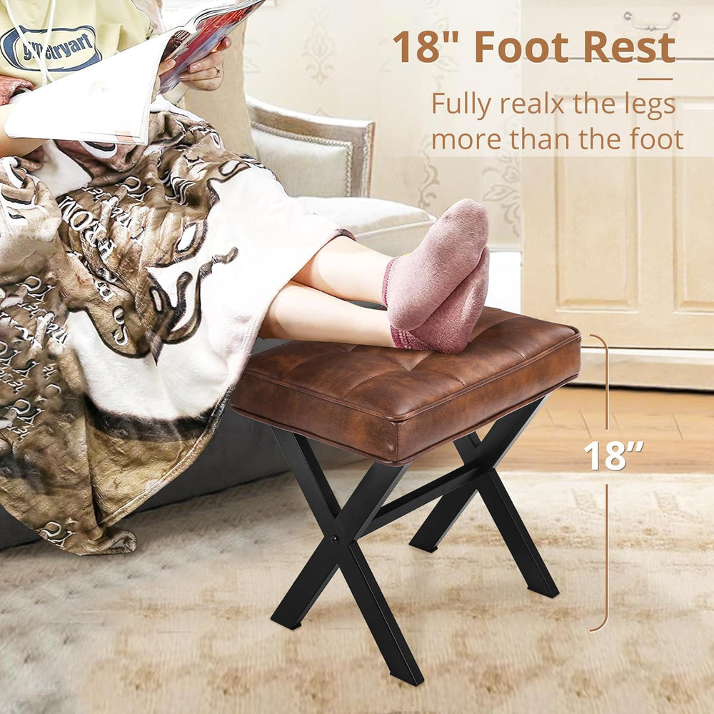 LUE BONA Vanity Stool, Square Faux Leather Makeup Stool with Metal X Legs, Sm...