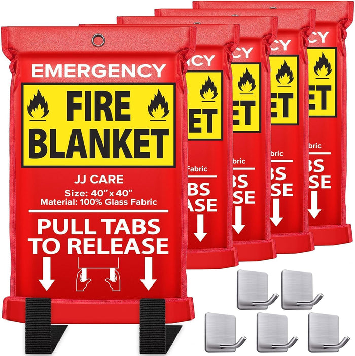 JJ CARE Fire Blanket – 5 Pack with Hooks, 40" x 40" Flame Retardant Emergency Safety Cover for Home, Kitchen, Grill, Car, Office, Camping, High Heat Resistant