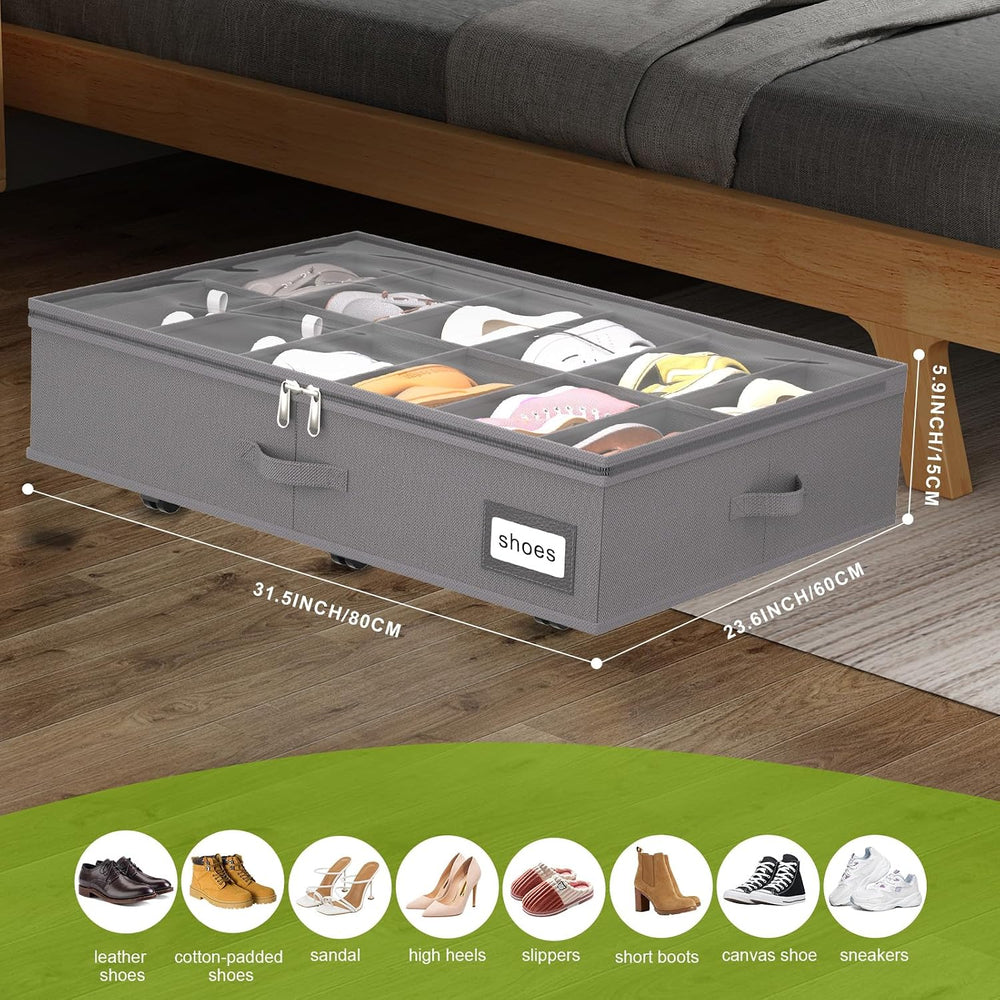 homyfort Under Bed Shoe Storage with Wheels, Fits 24 Pairs, Rolling Shoe Orga...