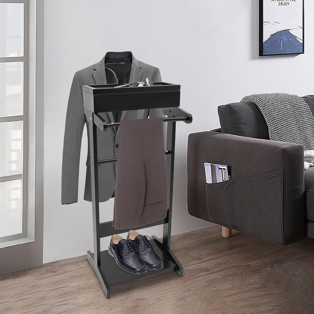 Wood Mens Valet Stand With Shoe Shelf, Coat Hanger and Hat Rack - Freestandin...
