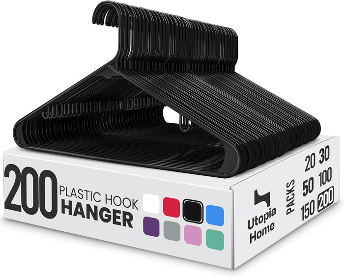 Utopia Home Plastic Hangers 200 Pack – Built-in Strap Hooks Black