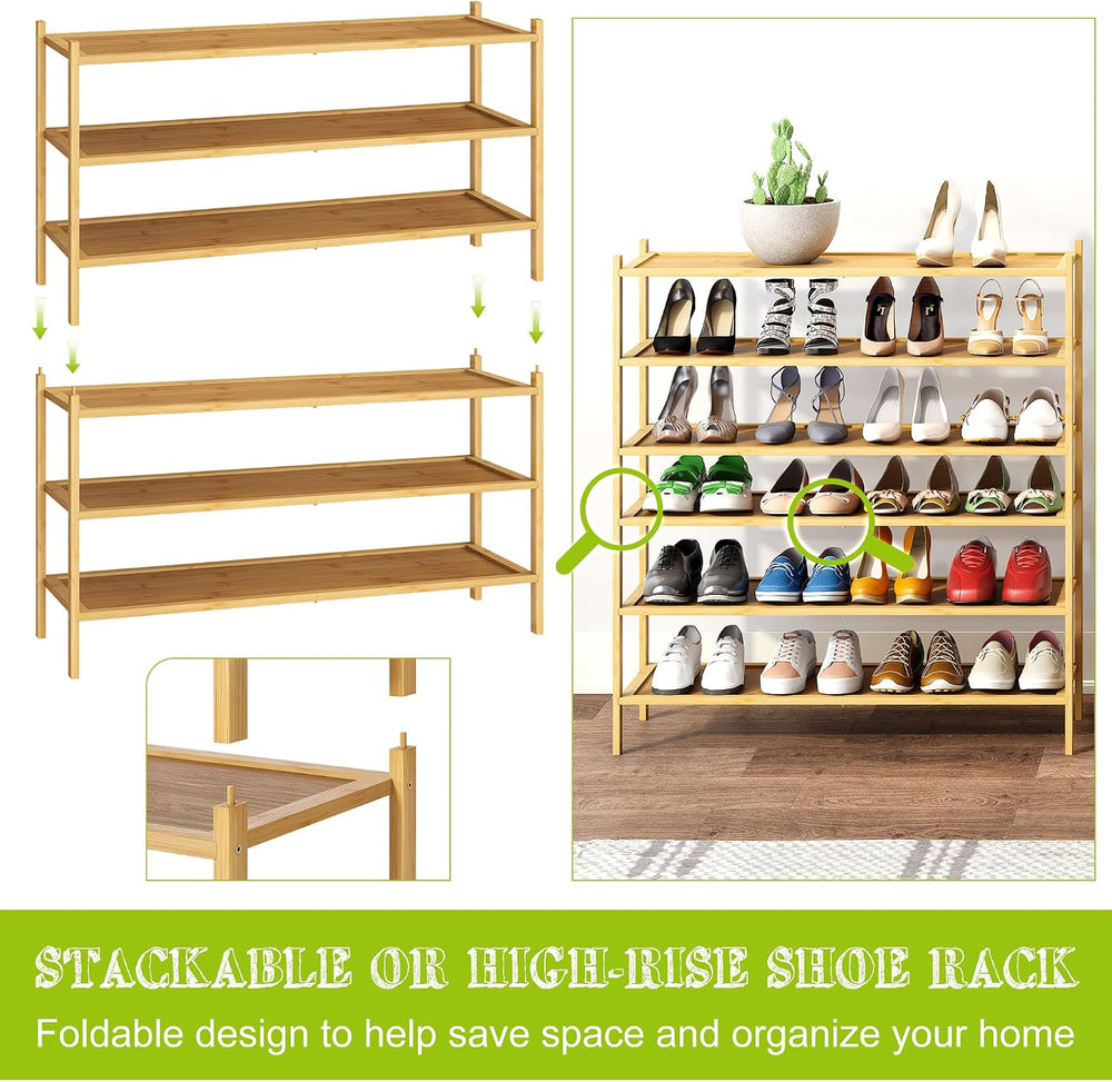 BMOSU 3-Tier Bamboo Extended Shoe Rack Premium Stackable Shoe Shelf Storage O...