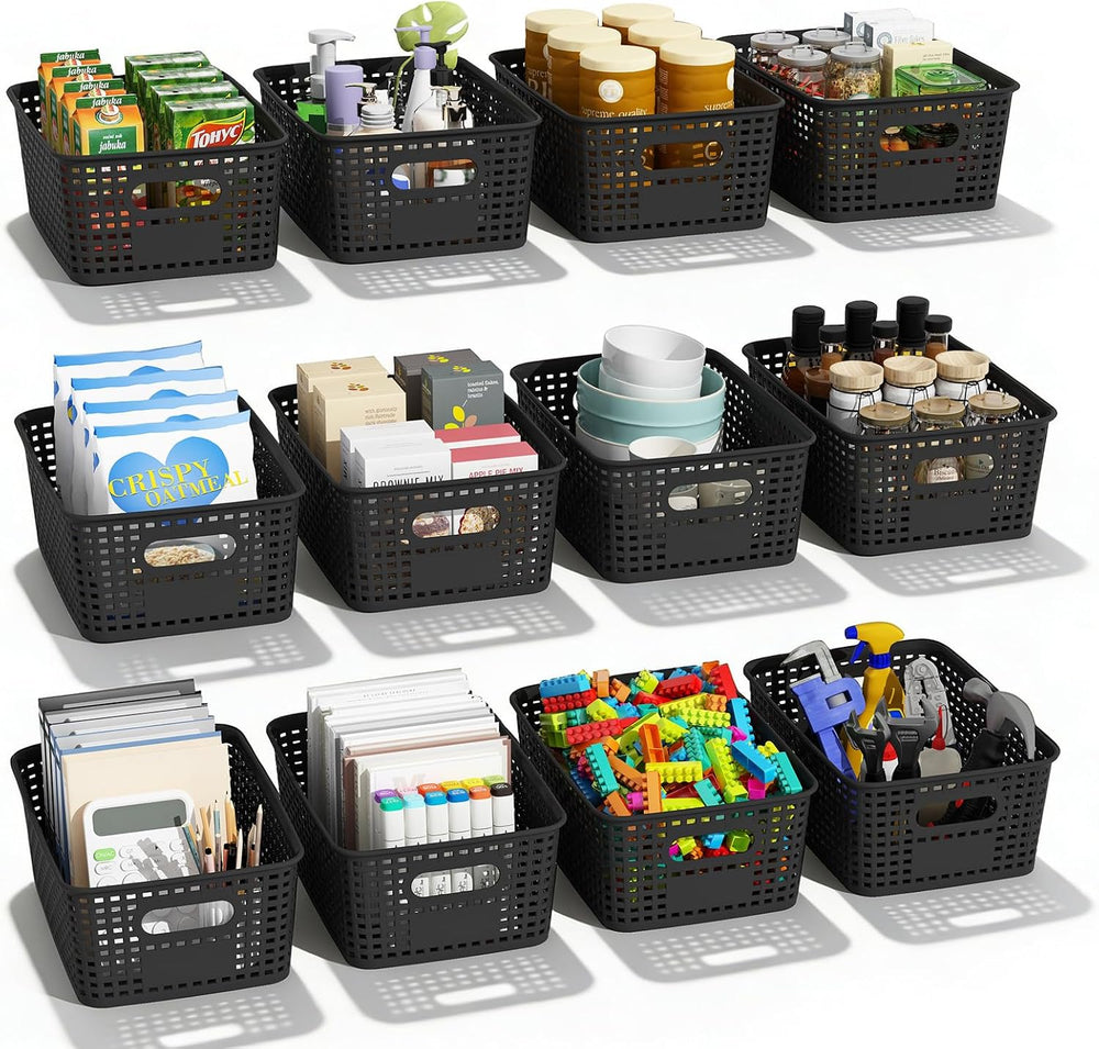 Black Plastic Storage Basket for Organizing 12 Pack Small Storage Bins Contai...