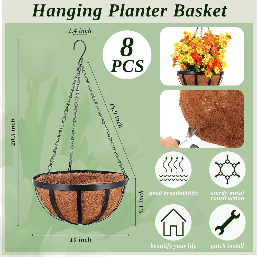 Didaey 8 Pcs Metal Hanging Basket 10'' Coir Liner Hanging Flower Pot