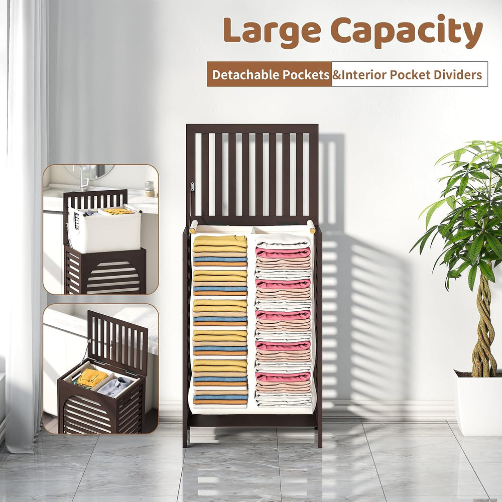 Laundry Hamper with Lid (16.9 * 13 * 26.5inches) Large Bamboo Laundry Bin Bas...