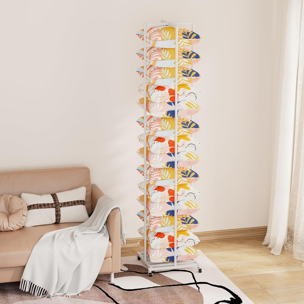 Rolling Pillow Storage Rack Organizer, Adjustable Pillow Display Rack White