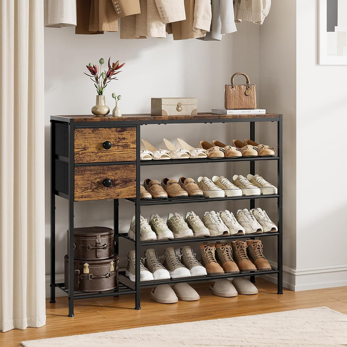 5-Tier Shoe Rack, Side Mesh & 2 Drawers for Closet Rustic Brown
