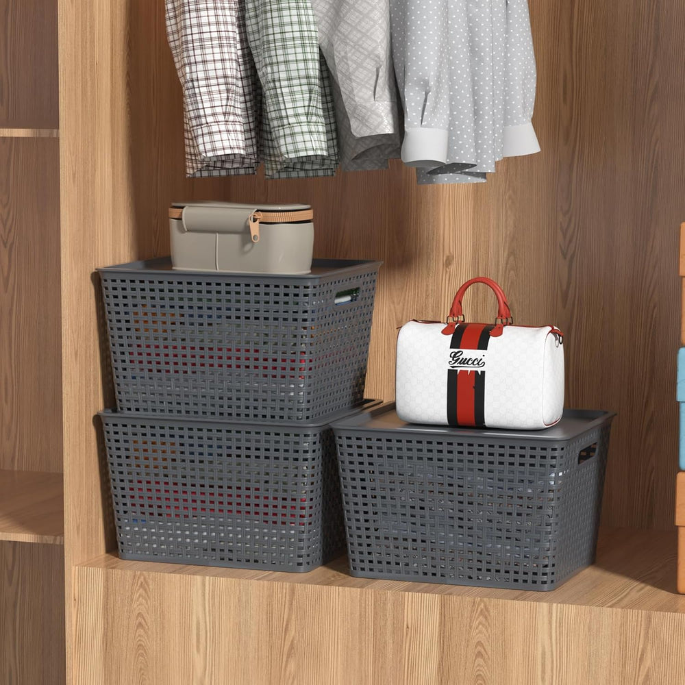 6-Pack Large Plastic Storage Basket Bins with Lid, Gray