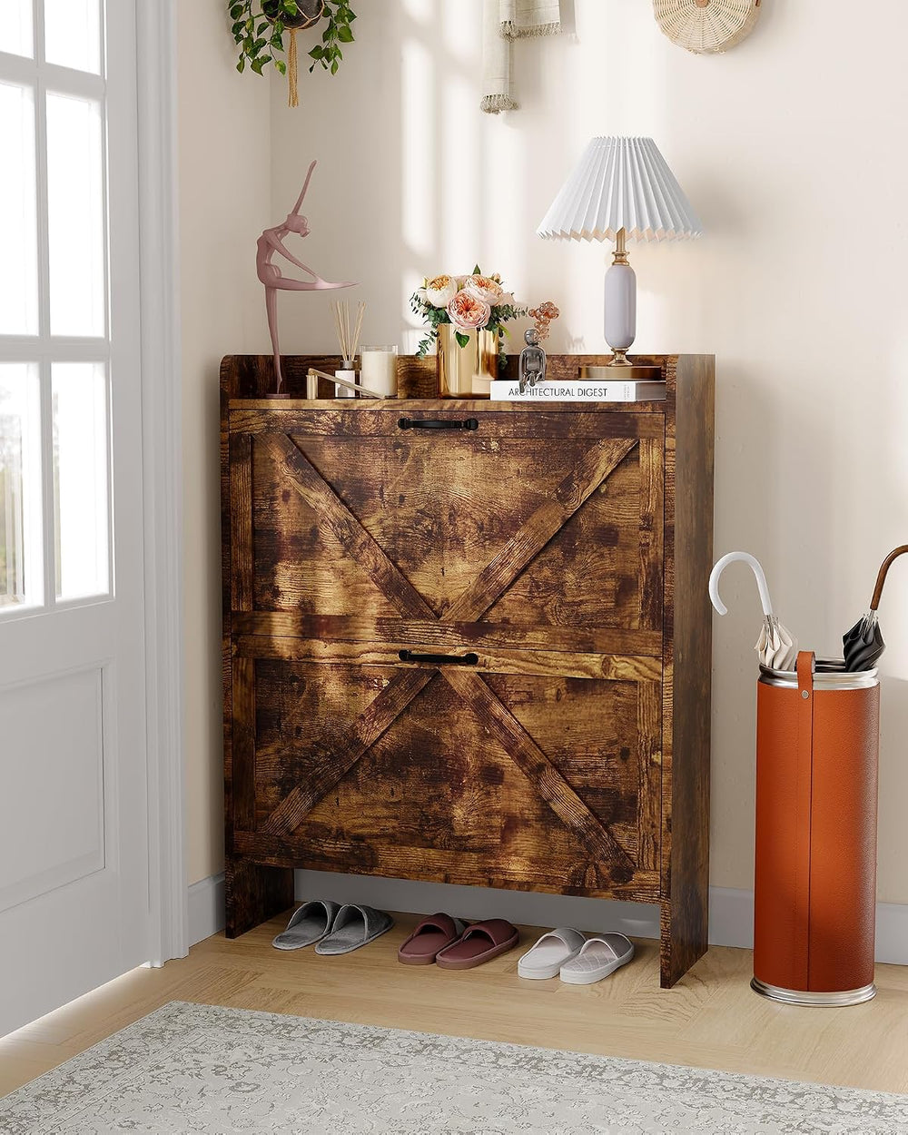 Slim Narrow Shoe Storage Cabinet for Entryway - 2 Flip-Up Drawers Freestandin...