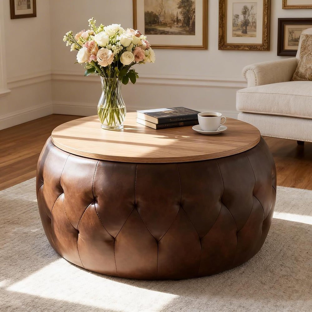 YDcosyfy 25 Inches Large Round Storage Ottoman, Modern Upholstered Ottoman Co...