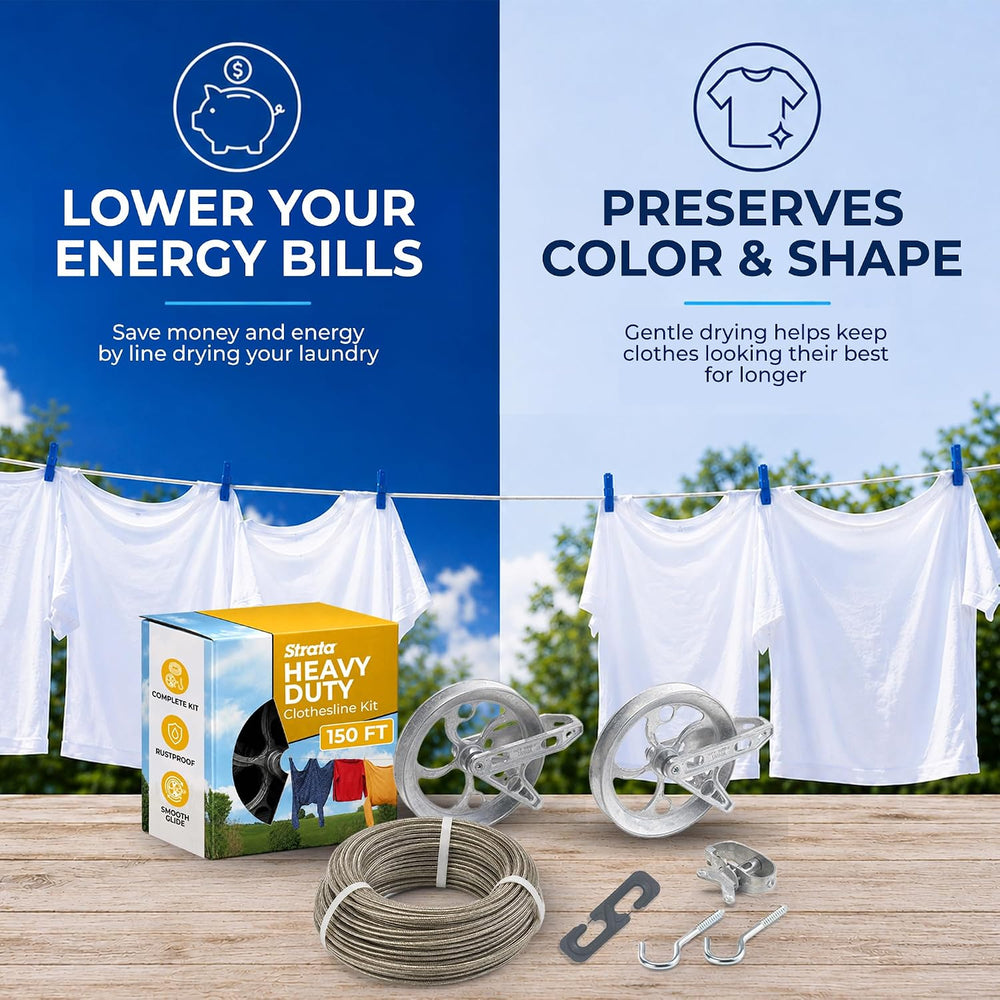 STRATA Heavy-Duty Clothesline Kit, 150 ft Steel Cable, Gold & Silver
