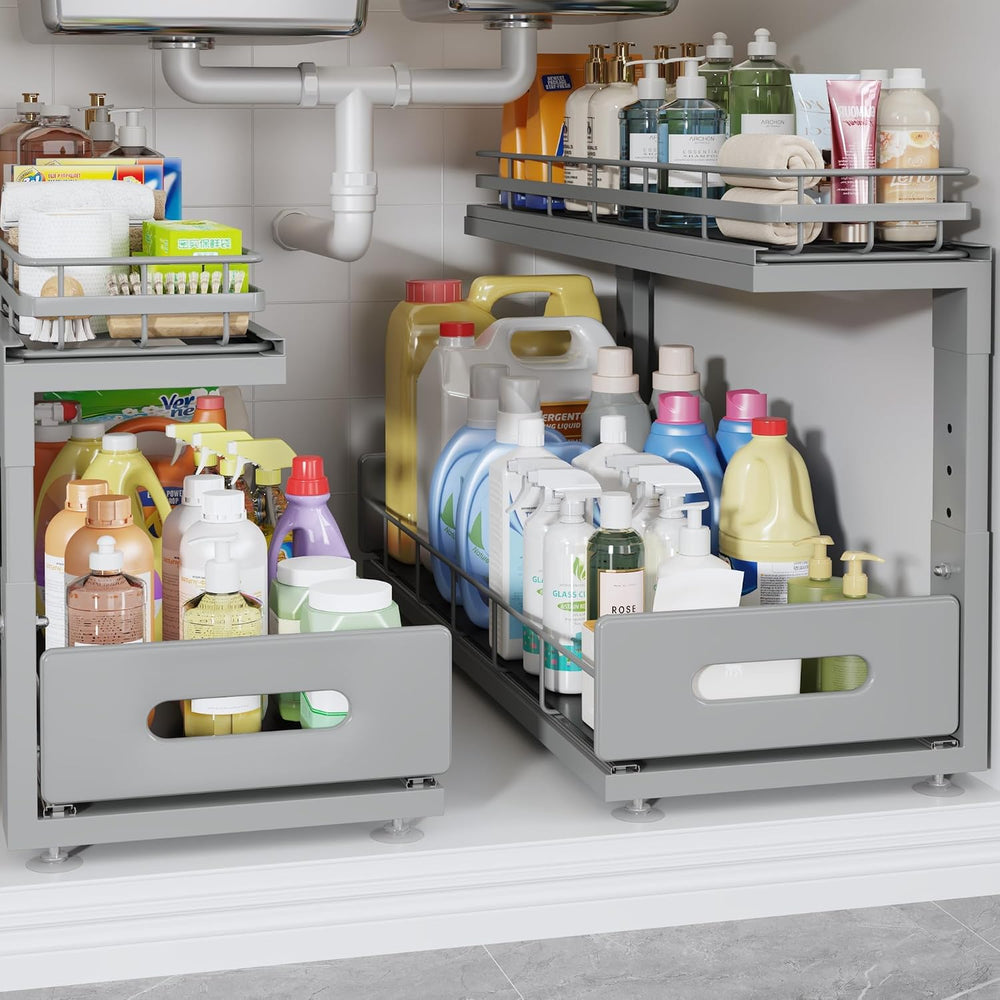 Under Sink Organizer Upgrade To Professional Rails,2-Tier Dual Pull Out Cabin...