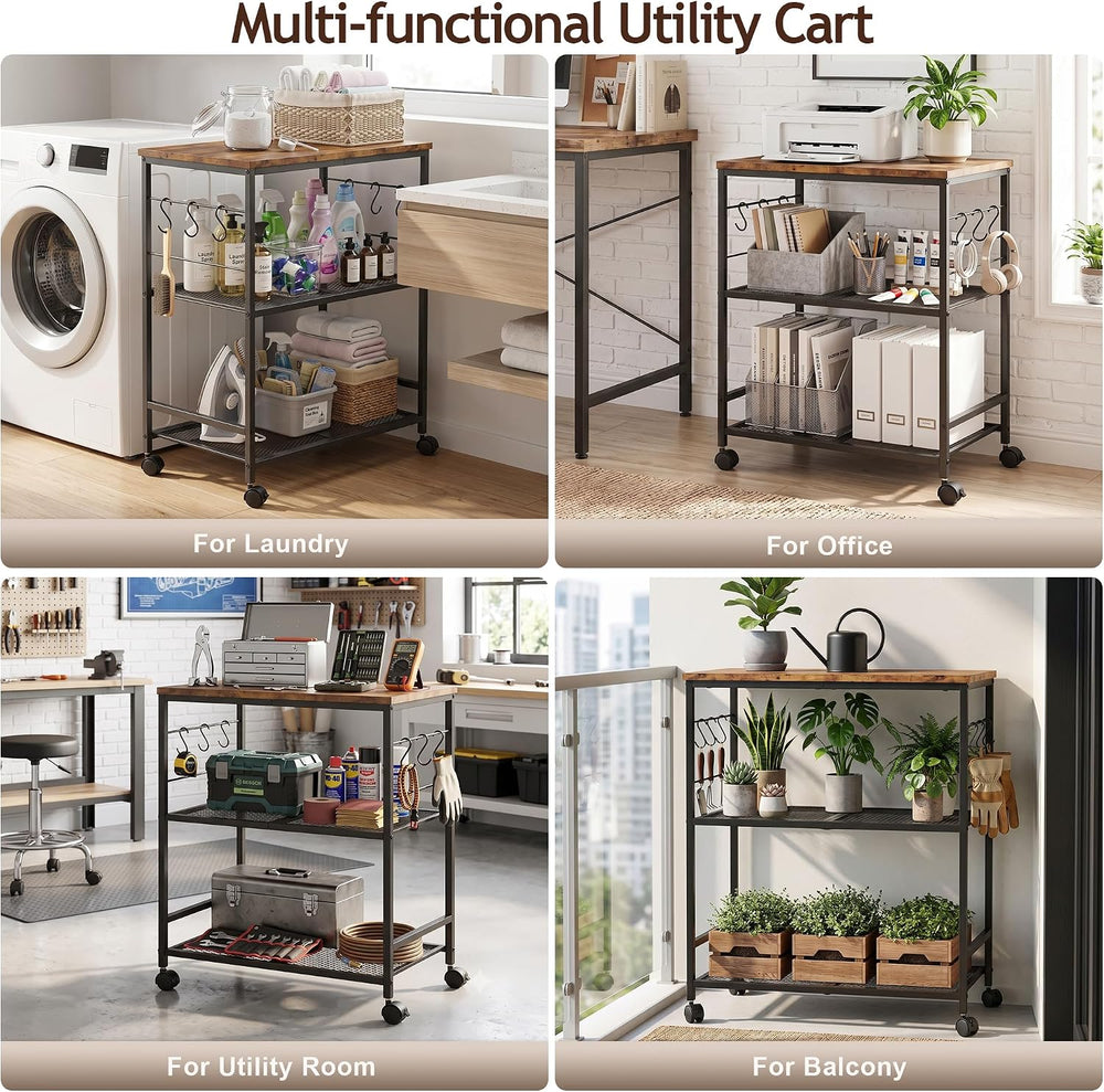 3-Tier Rolling Kitchen Microwave Cart with Storage, Mobile Kitchen Utility Ca...