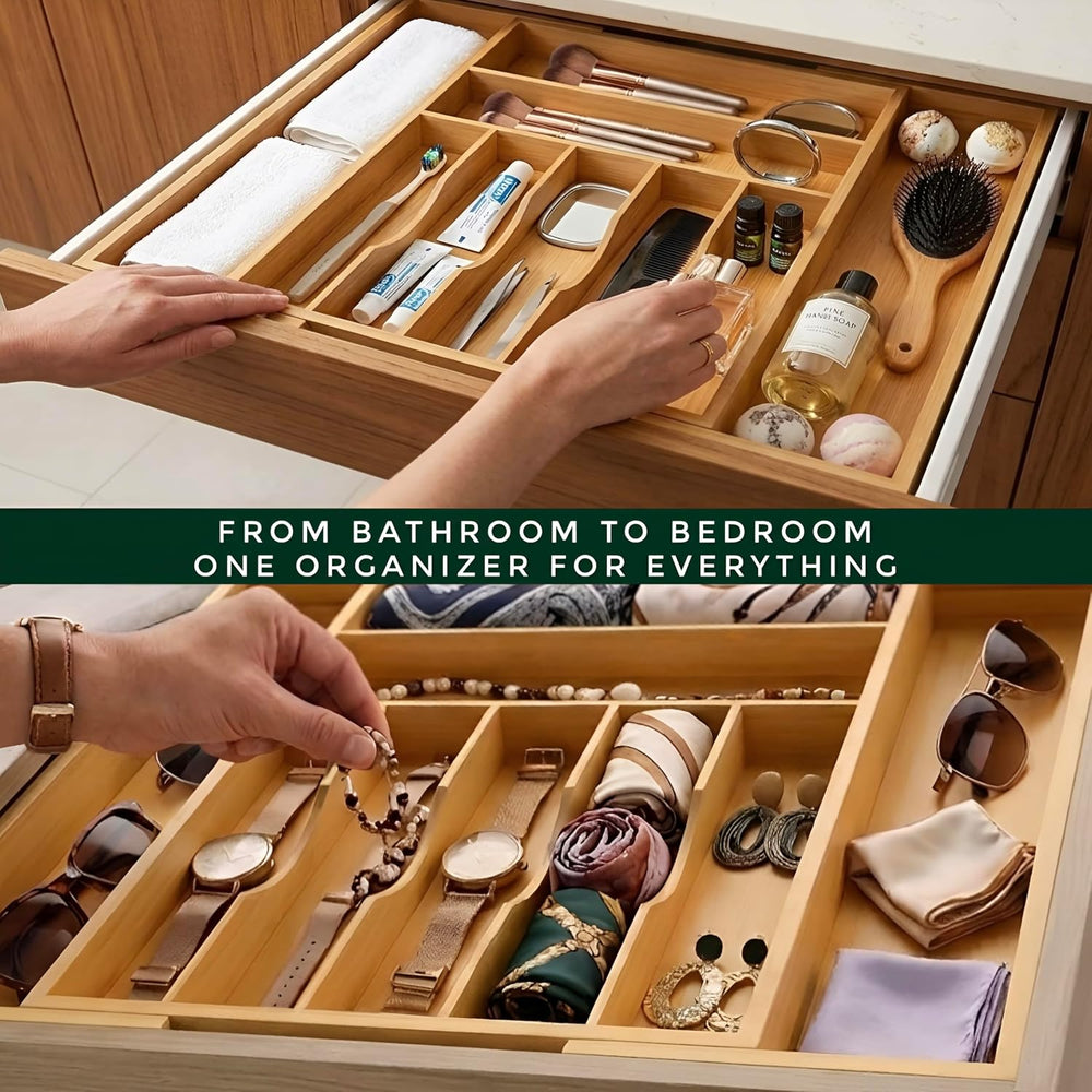 Bamboo Drawer Organizer – Expandable 9 Slot Silverware & Utensil Tray for...