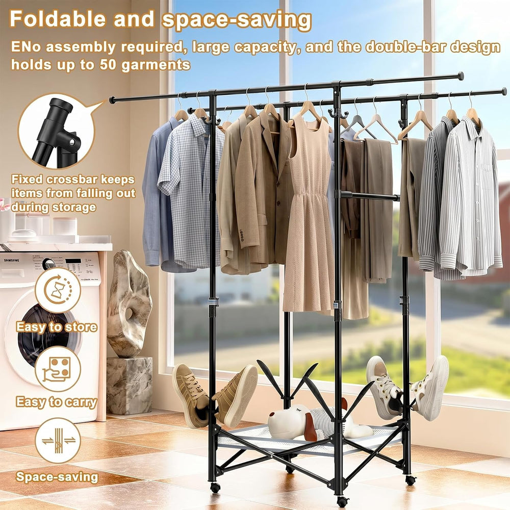 Portable Foldable Clothes Drying Rack - Adjustable Double Extendable Rods (33...