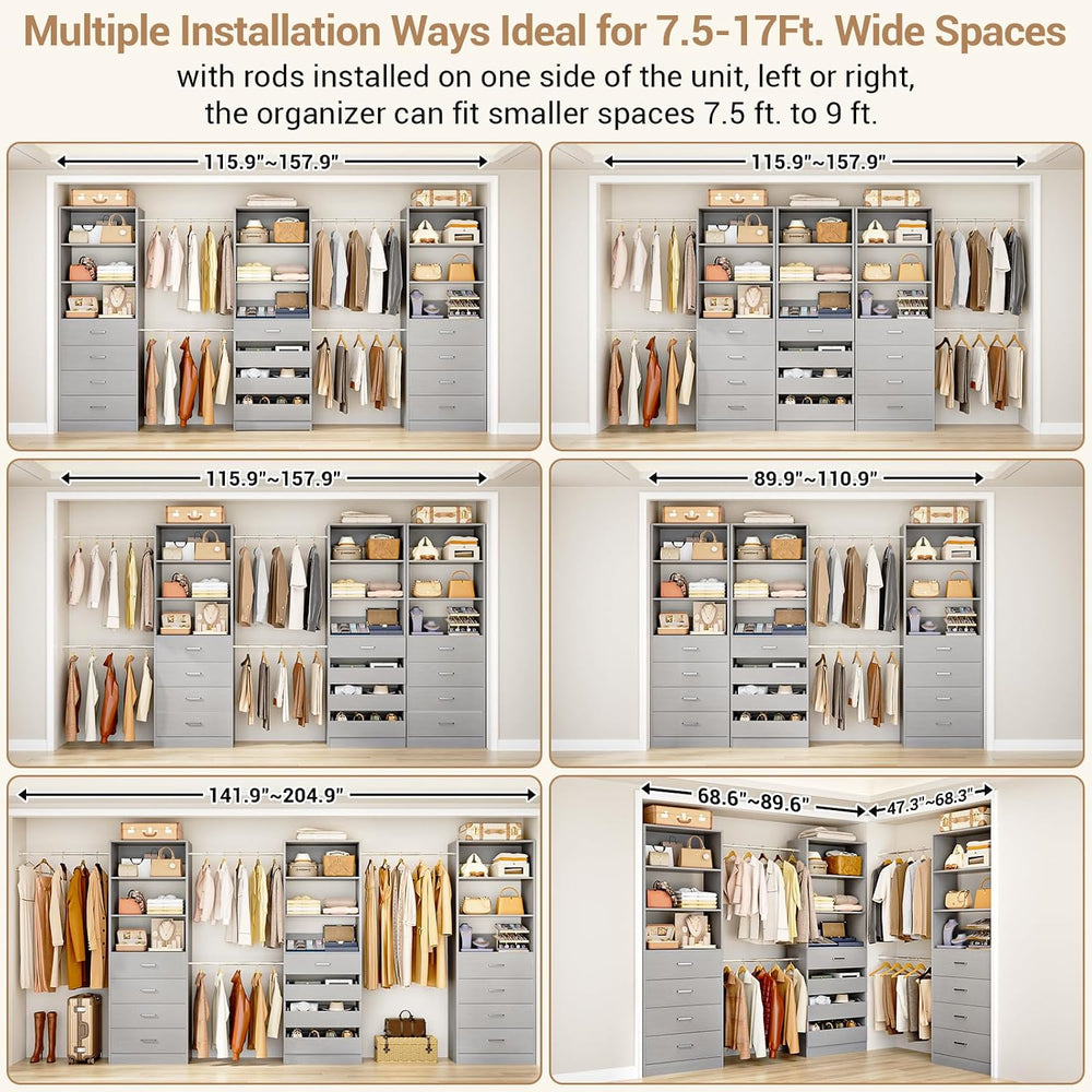Aheaplus Closet System with 12 Drawers, 8.5-11.5Ft Closet Organizer System