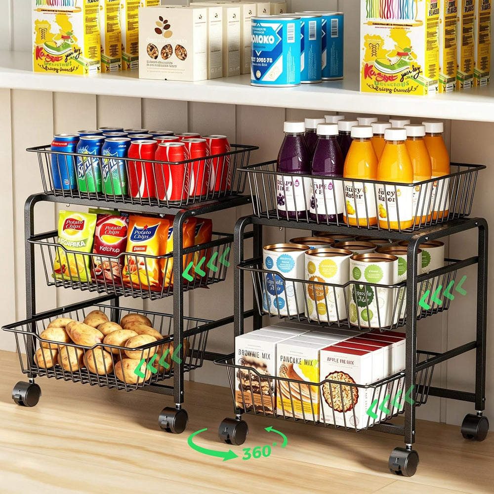 3-Tier Pull-Out Rolling Pantry Floor Organizer and Storage Cart with Wheels