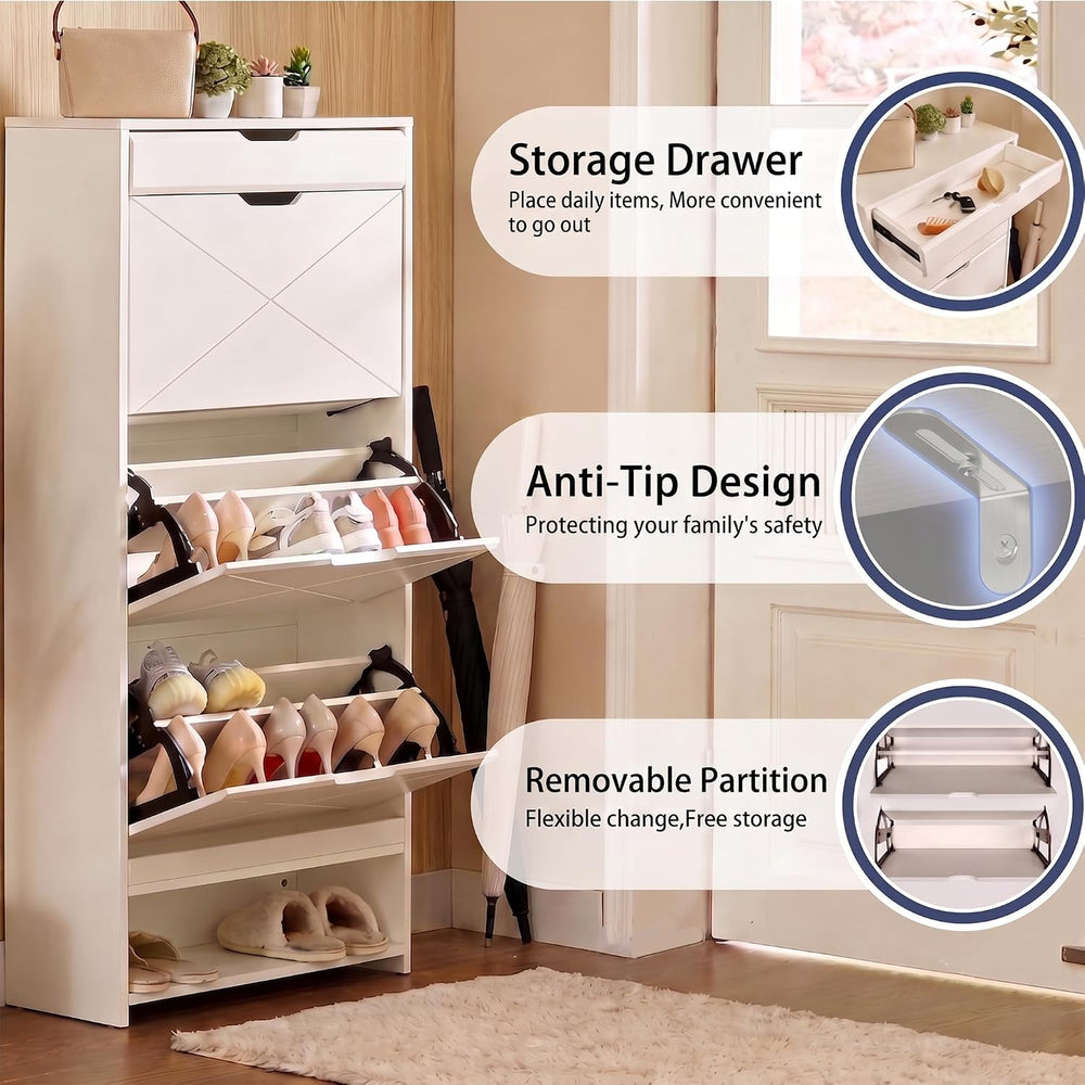 Slim White Shoe Cabinet with 3 Flip Drawers & X-Design for Entryway
