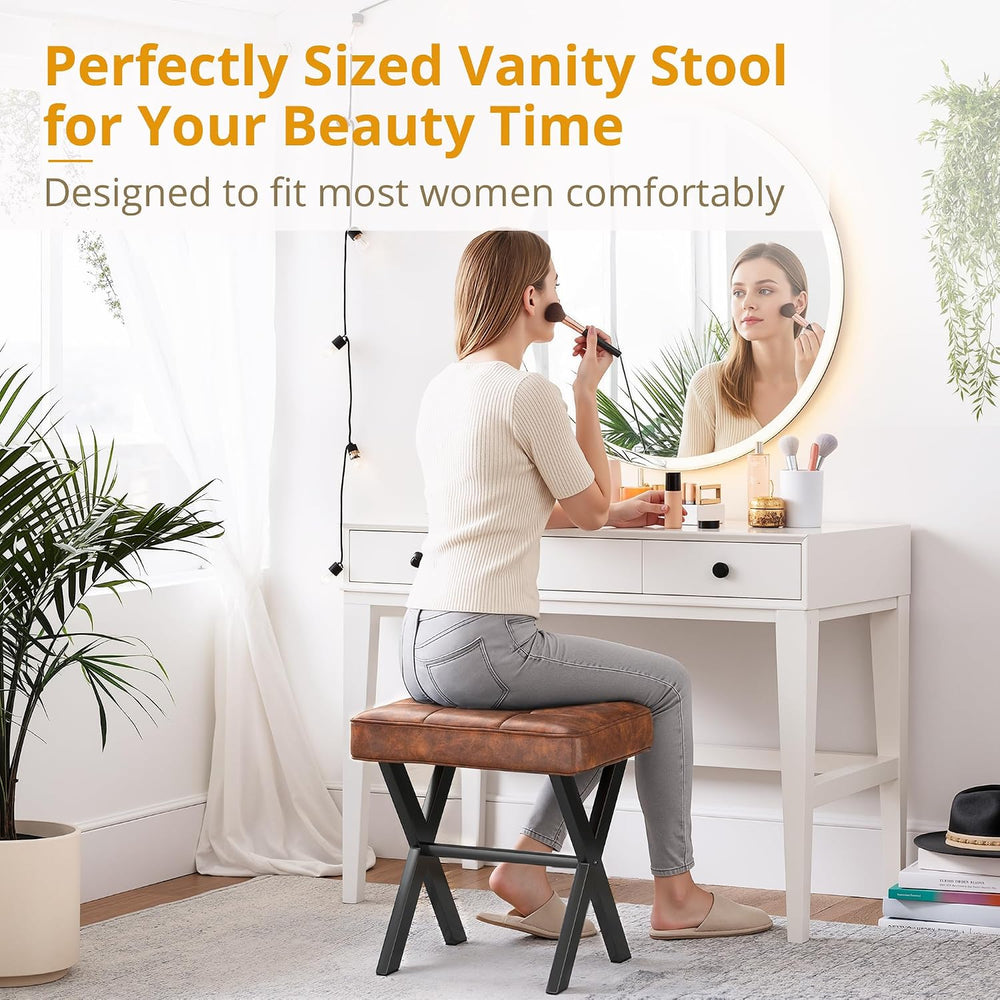 LUE BONA Vanity Stool, Square Faux Leather Makeup Stool with Metal X Legs, Sm...
