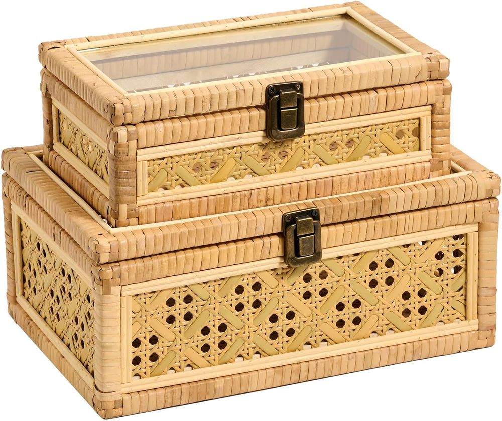 2PCS Decorative Rattan Boxes Handmade Natural Wicker Boho Baskets