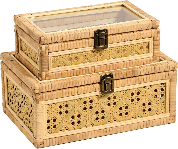 2PCS Decorative Rattan Boxes Handmade Natural Wicker Boho Baskets