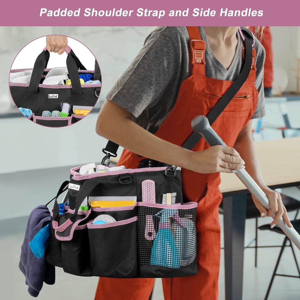 LoDrid Cleaning Caddy Bag with 3 Compartments and Shoulder Strap, Pink Edge