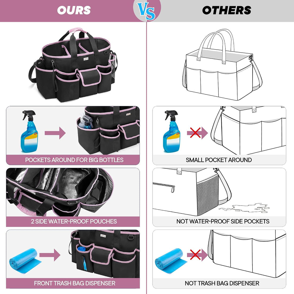 LoDrid Cleaning Caddy Bag with 3 Compartments and Shoulder Strap, Pink Edge