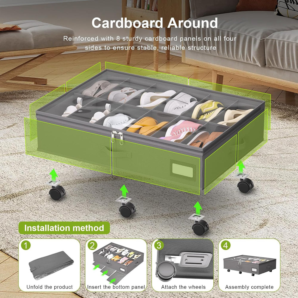 homyfort Under Bed Shoe Storage with Wheels, Fits 24 Pairs, Rolling Shoe Orga...
