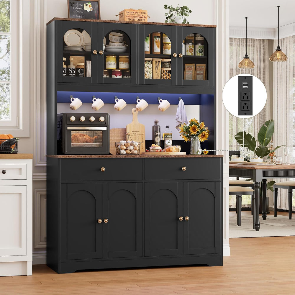 71" LED Kitchen Pantry Cabinet with Power Outlet, Tall Hutch, Black
