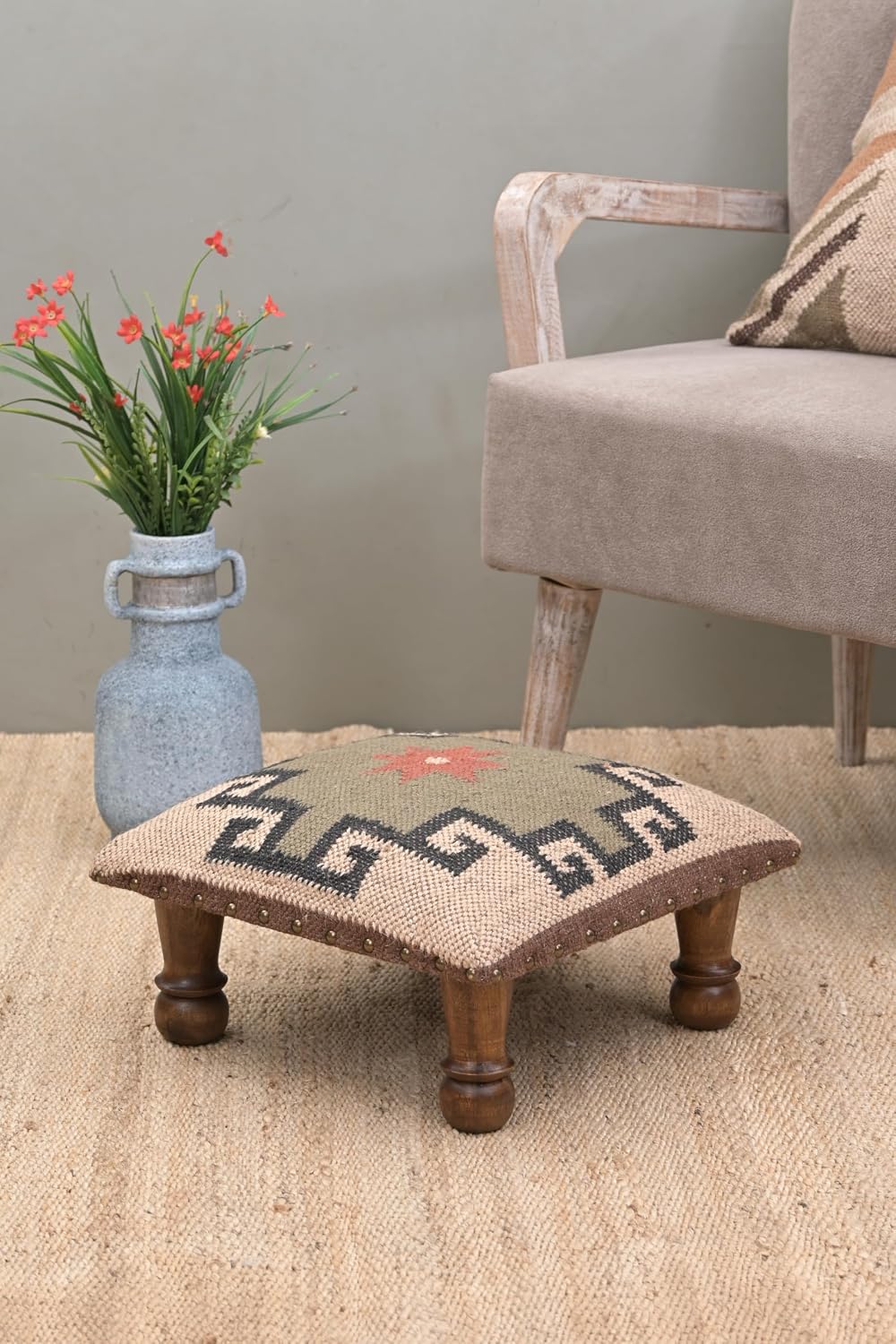 Upholstered Ottoman Footstool with Tribal Aztec Fabric | Rustic Wooden Accent...