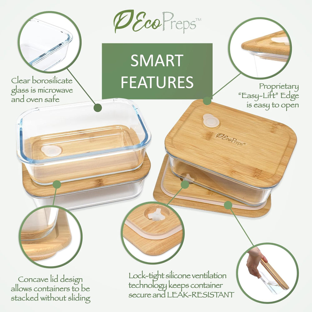 EcoPreps Patented Glass Meal Prep Containers with Bamboo Lids, 3 Pack, 36oz