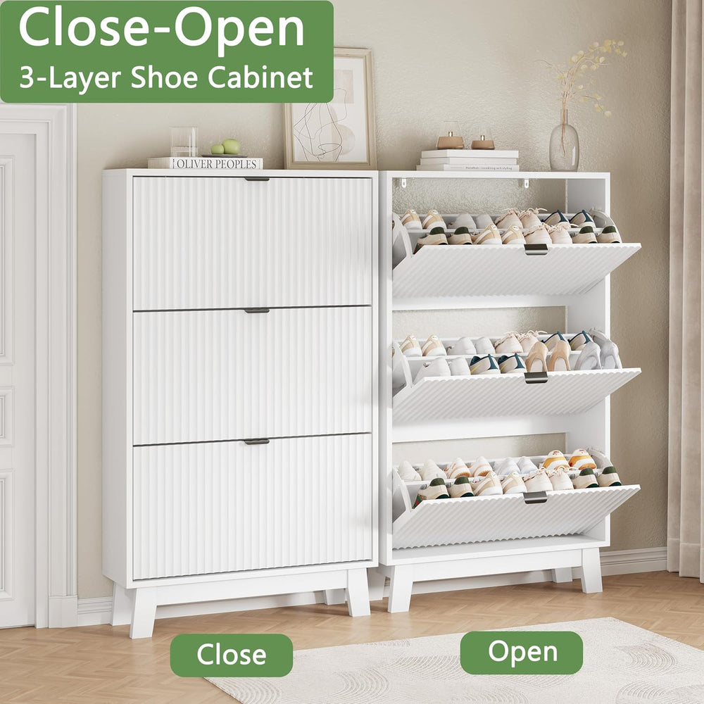 Xixini Shoe Cabinet with 3 Flip Drawers, 54" Tall Narrow Fluted Shoe Sto...