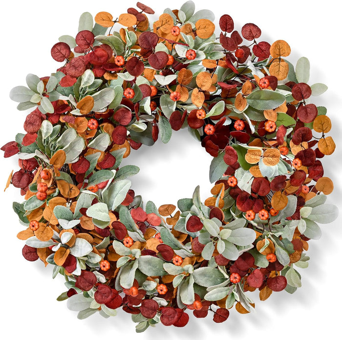 Waipfaru Fall Decor, 22 Inch Fall Wreaths for Front Door, Autumn Door Wreath with Lambs Ears Leave Eucalyptus Leaves Pumpkin Thanksgiving Harvest Halloween Farmhouse Home Porch Indoor Decor(2 PCS)