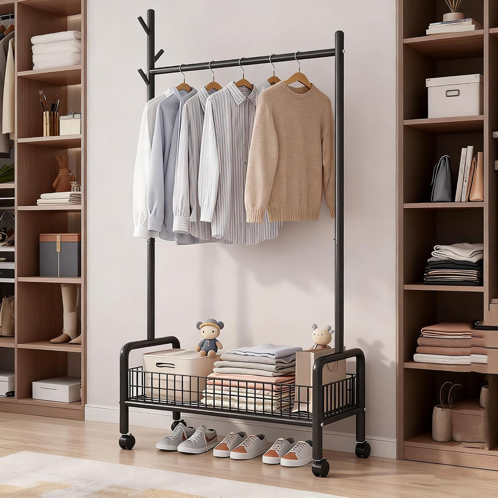 MYUPDALIN Rolling Metal Clothes Rack with Shelves & Storage Basket, Black