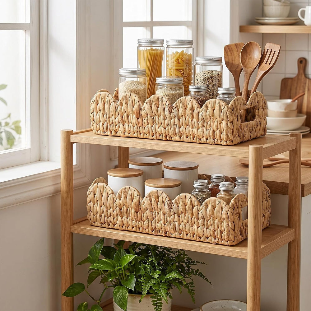 2 Pack Scalloped Water Hyacinth Toilet Paper Storage Basket with Handle