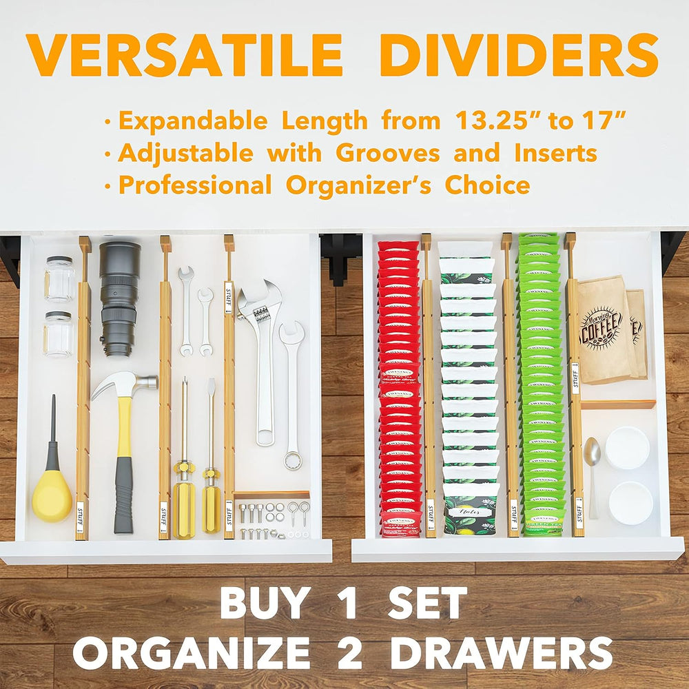 SpaceAid Bamboo Drawer Dividers with Inserts and Labels, Kitchen Adjustable D...