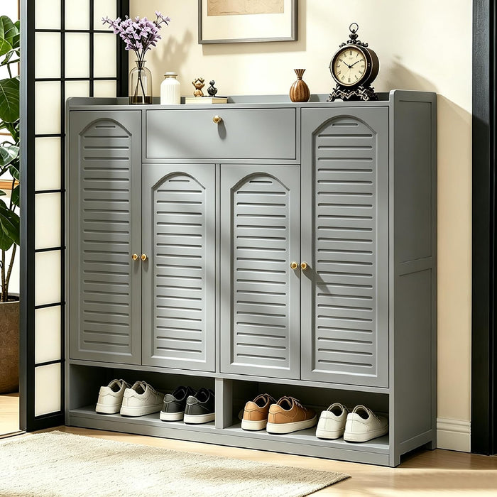 7-Tier Bamboo Shoe Cabinet, Shoe Storage Organizer with Louvered Doors and Drawer & Open Compartment, Thickened Adjustable Shelves, Large Capacity Shoes Rack for Entryway, (Grey)
